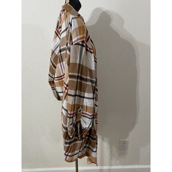 Maurices Womens 1X Open Blouse Plaid Fringe Roll Tab Sleeves - Picture 8 of 11